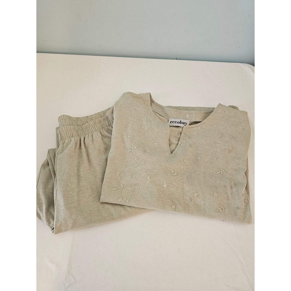 Vintage Eccobay Pant Set Womens Large Sage Green  Embroidered 2pc Loungewear